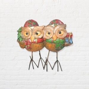 Vintage Christmas Owl Art Decor Metal Rustic Holiday Farmhouse Winter Bird Pair